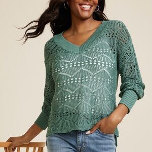 Maurices Open Stitch V-neck Sweater Solid Teal Green Pullover Xlarge Women’s